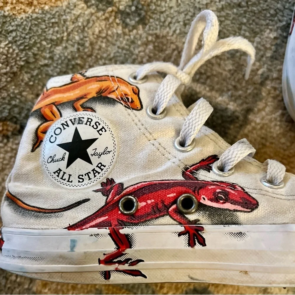 CONVERSE  All Star Kid White Blue High-Top Lizard Gecko Laces Shoes 13